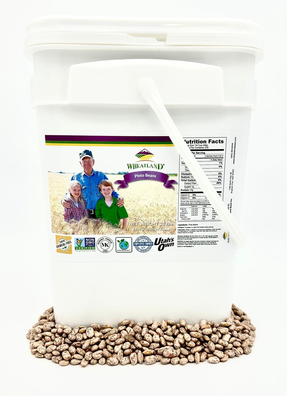 Wheatland's white plastic bucket labeled with the Pinto Beans, featuring a resealable Mylar liner, and displaying various certification logos such as USA Grown, Chemical free, sustainable grown,Utah's Own, Employee Owned, Non-GMO, and Kosher.