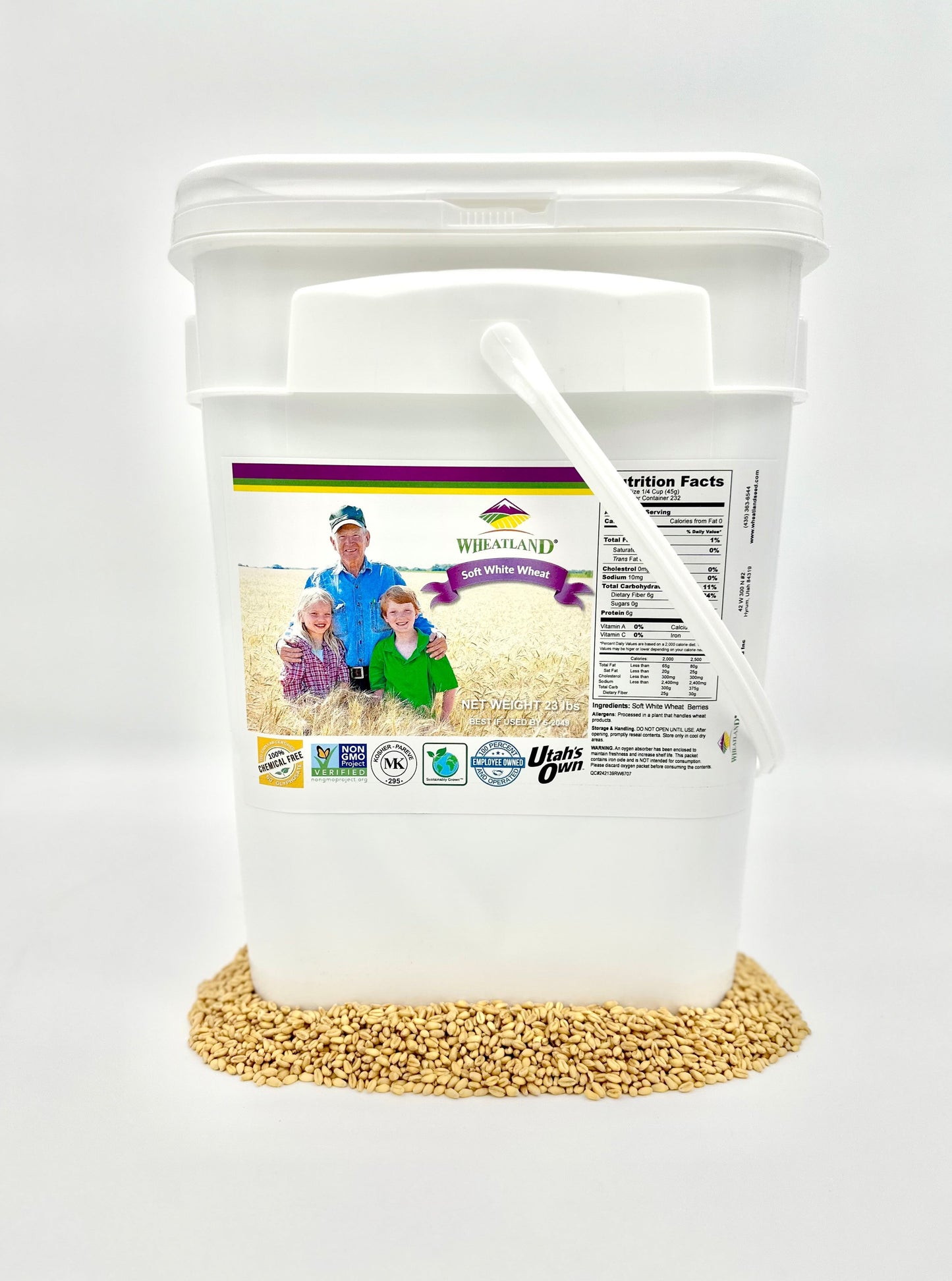 Wheatland™ Soft White Wheat Berries • 23 lbs • Delicious • Healthy Food Option • Farm Fresh • Mylar and Bucket Provide 25 Year Shelf Life • Emergency Food Storage • Non-GMO • Lab Tested Chemical-Free • Premium Baking Quality • Sproutable